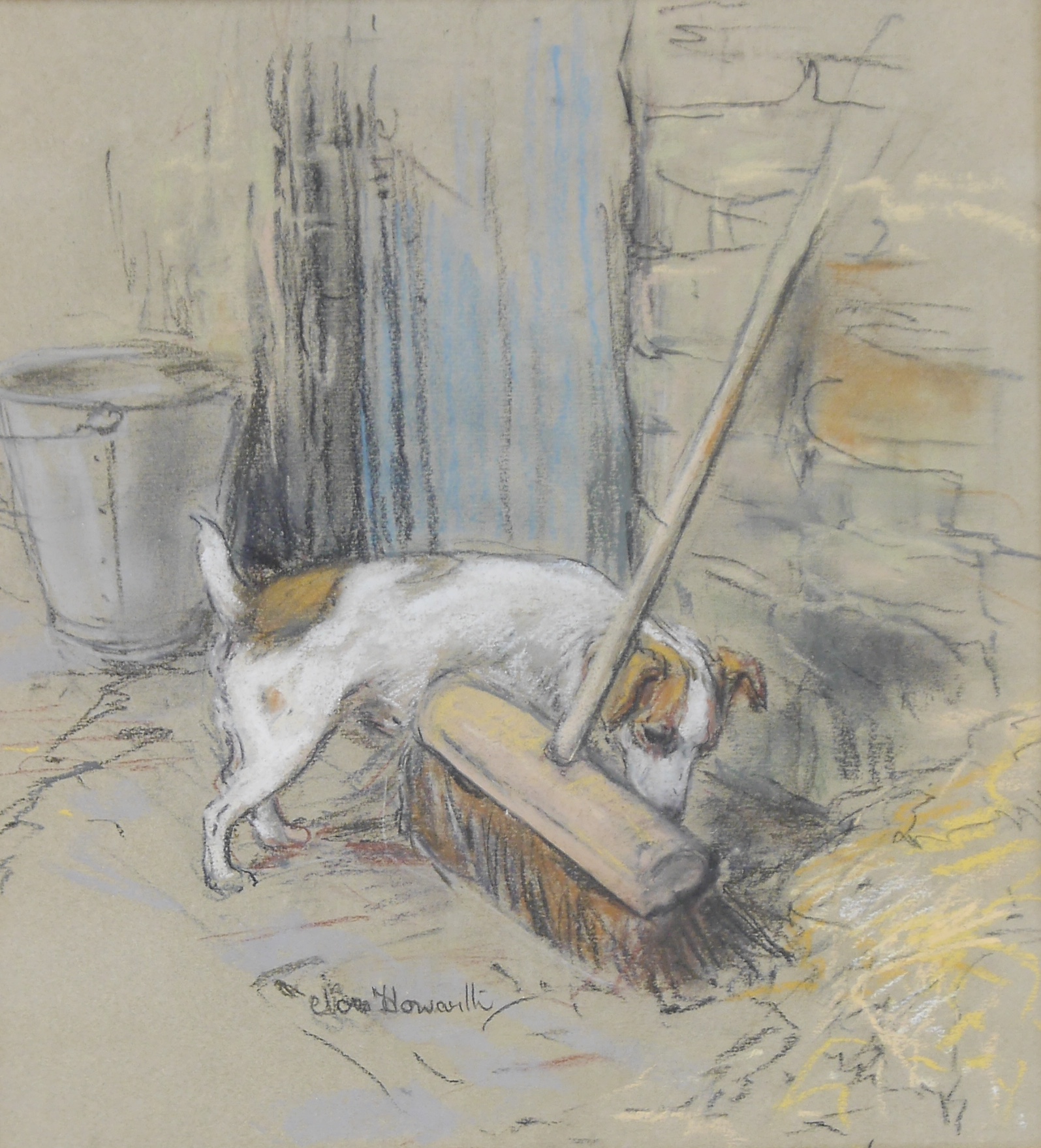 C. Howarth, pastel, Terrier and a broom, signed, 26 x 24cm. Condition - good